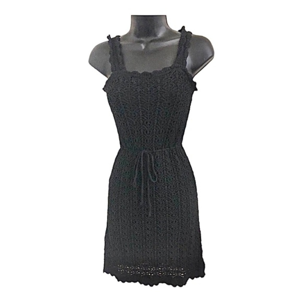 Jessica Simpson black crochet ruffle strap belted ruffle hem mini sweater dress